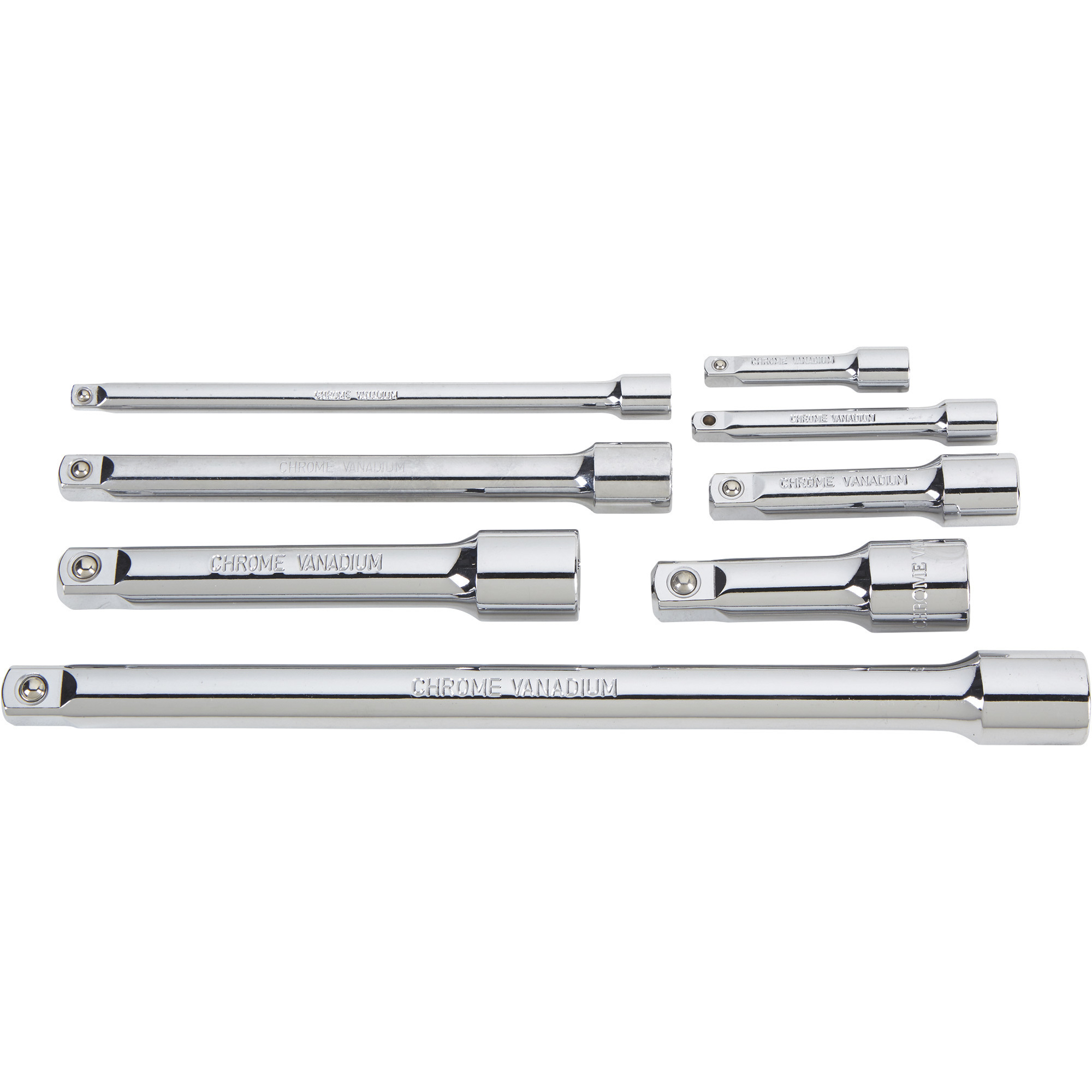 Klutch Socket Extension Set, 8-Pc. 1/4in., 3/8in., 1/2in., Drop-Forged Chrome Vanadium Steel